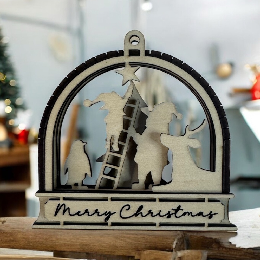 Merry Christmas Wooden Ornament – Santa, Reindeer & Penguin Scene